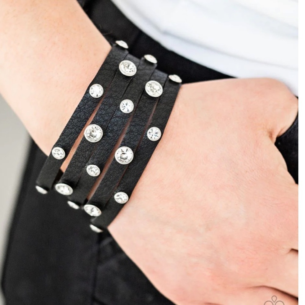 Bracelet Bundle of Three Boho Harley Girl Large Black Leather, Rhinestones Stone